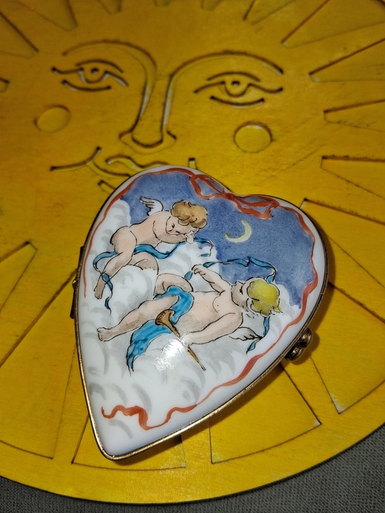 Limoges Other - Limoges Heart Trinket Box with Cherubs on Blue and White Porcelain